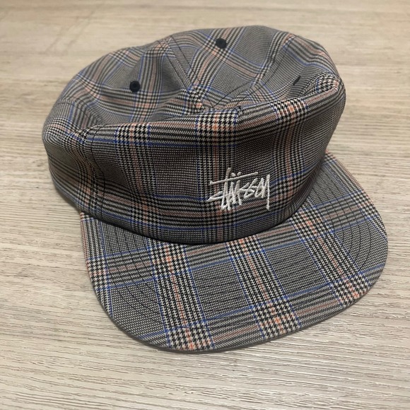 Stussy Glen Mini Plaid Snapback Streetwear Hat Cap Logo Gray Black Blue - Picture 1 of 9